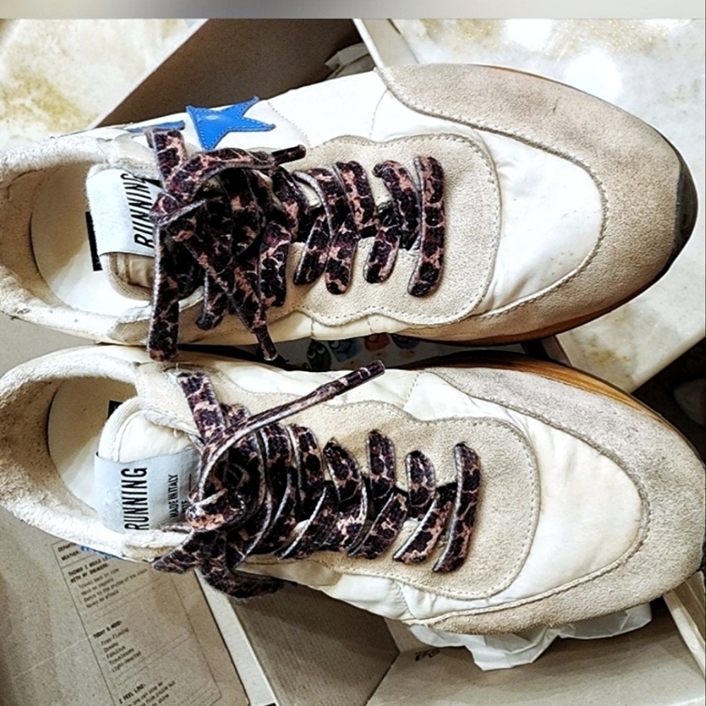 Golden Goose Cream & Blue Running Sole Sneakers - Picture 1 of 9